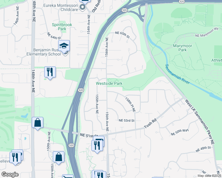 map of restaurants, bars, coffee shops, grocery stores, and more near 15615 Northeast 56th Way in Redmond