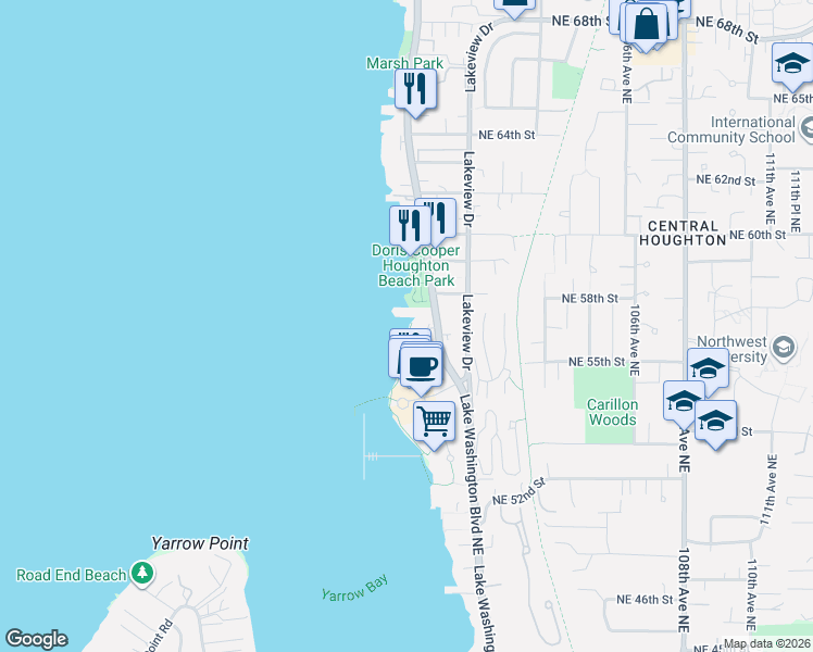 map of restaurants, bars, coffee shops, grocery stores, and more near 5505 Lake Washington Boulevard Northeast in Kirkland
