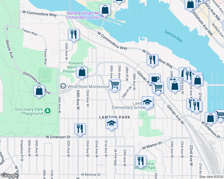 map of restaurants, bars, coffee shops, grocery stores, and more near 2910 West Elmore Street in Seattle