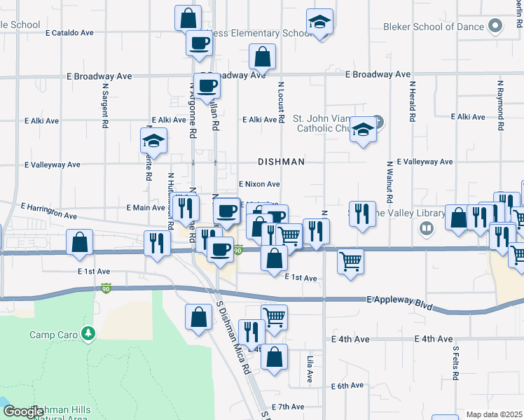 map of restaurants, bars, coffee shops, grocery stores, and more near 9404 East Main Avenue in Spokane Valley