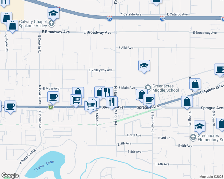 map of restaurants, bars, coffee shops, grocery stores, and more near 17 North Flora Road in Spokane Valley