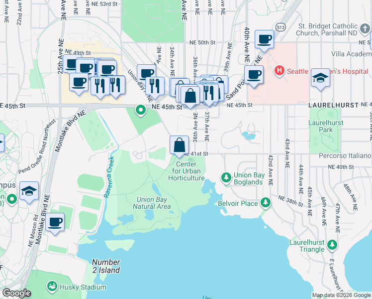 map of restaurants, bars, coffee shops, grocery stores, and more near 3501 Northeast 41st Street in Seattle