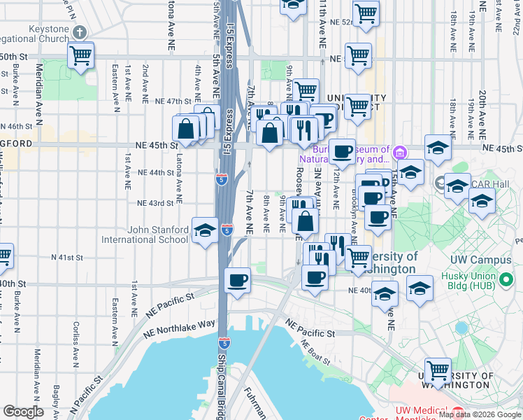map of restaurants, bars, coffee shops, grocery stores, and more near in Seattle