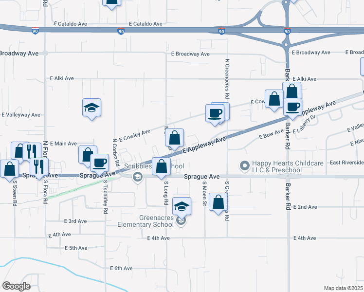 map of restaurants, bars, coffee shops, grocery stores, and more near 17915 East Sprague Avenue in Spokane Valley