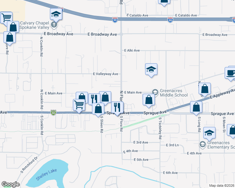 map of restaurants, bars, coffee shops, grocery stores, and more near 17 North Flora Road in Spokane Valley