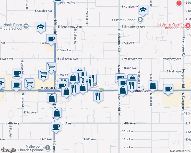map of restaurants, bars, coffee shops, grocery stores, and more near 12807 East Sprague Avenue in Spokane Valley