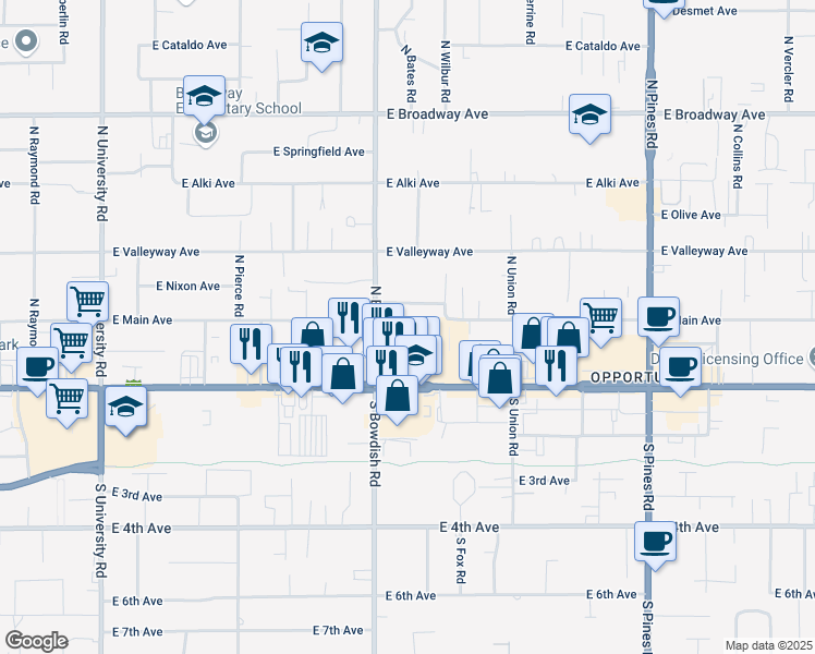 map of restaurants, bars, coffee shops, grocery stores, and more near 11703 East Sprague Avenue in Spokane Valley
