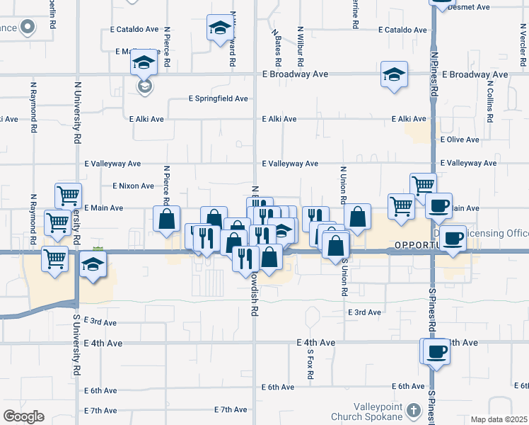 map of restaurants, bars, coffee shops, grocery stores, and more near 18 North Bowdish Road in Spokane Valley