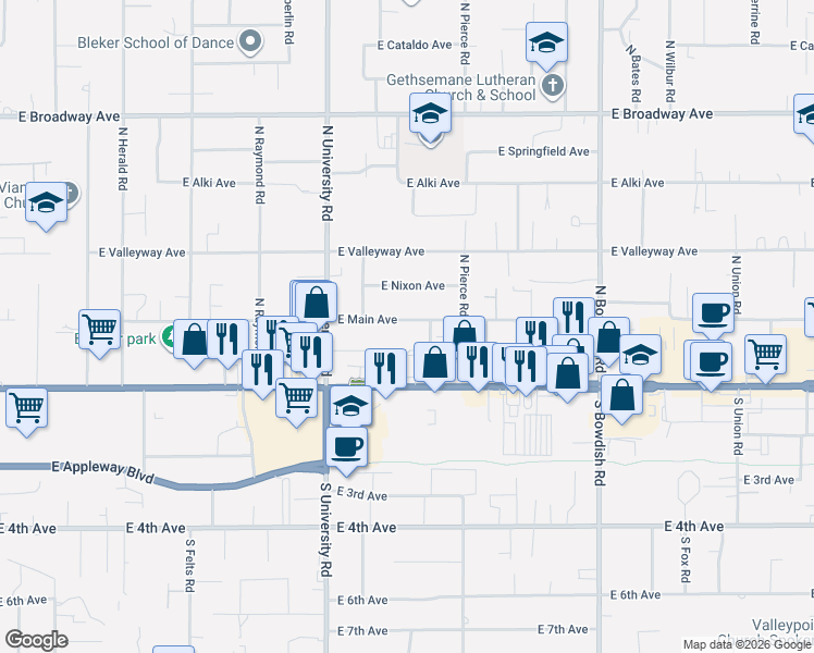 map of restaurants, bars, coffee shops, grocery stores, and more near 10903 East Sprague Avenue in Spokane