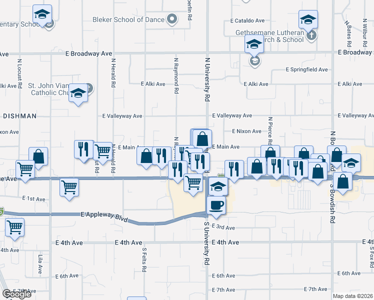 map of restaurants, bars, coffee shops, grocery stores, and more near 10617 East Sprague Avenue in Spokane Valley