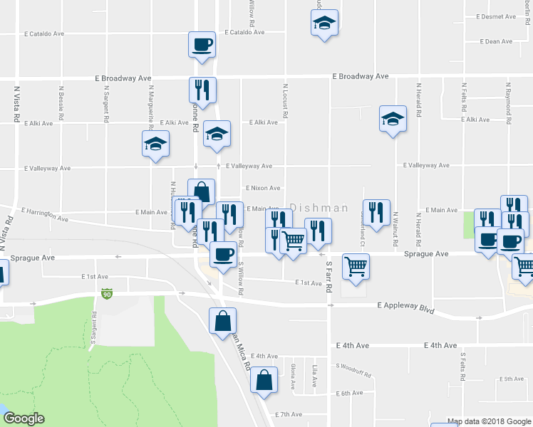 map of restaurants, bars, coffee shops, grocery stores, and more near 22 North Willow Road in Spokane Valley