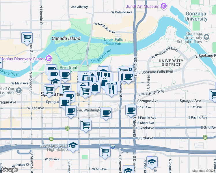map of restaurants, bars, coffee shops, grocery stores, and more near 227 West Riverside Avenue in Spokane