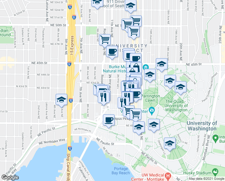 map of restaurants, bars, coffee shops, grocery stores, and more near 4139 12th Avenue Northeast in Seattle