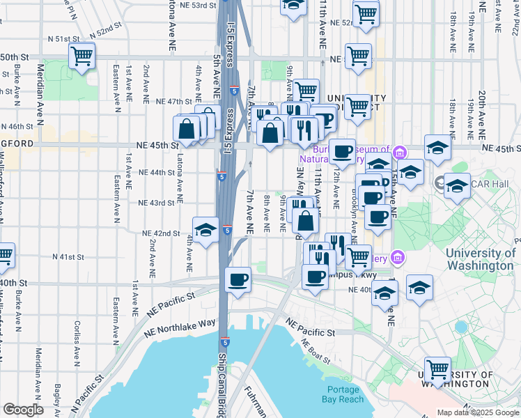 map of restaurants, bars, coffee shops, grocery stores, and more near 4210 7th Avenue Northeast in Seattle