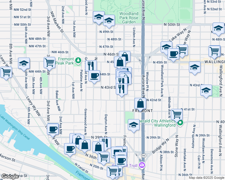map of restaurants, bars, coffee shops, grocery stores, and more near in Seattle