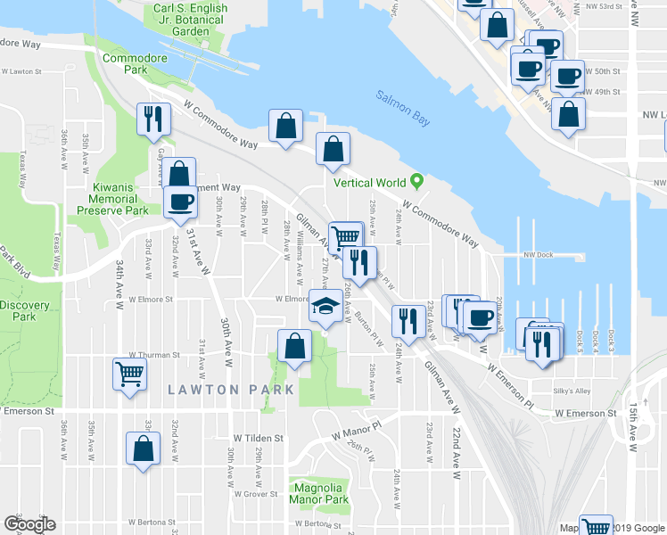 map of restaurants, bars, coffee shops, grocery stores, and more near 4210 27th Avenue West in Seattle