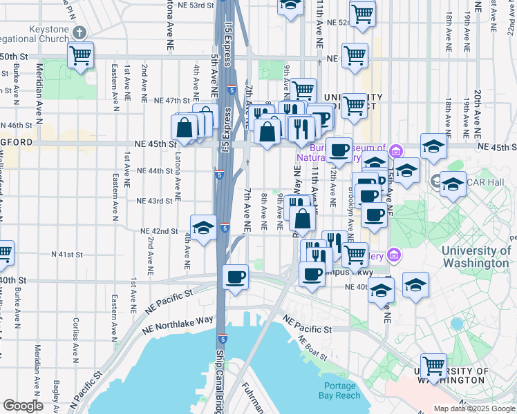 map of restaurants, bars, coffee shops, grocery stores, and more near 4210 7th Avenue Northeast in Seattle
