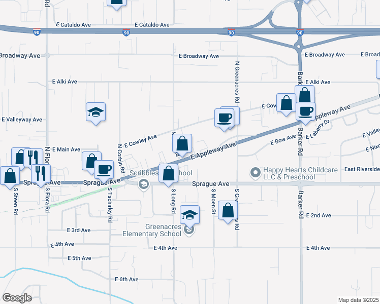 map of restaurants, bars, coffee shops, grocery stores, and more near 17927 East Appleway Avenue in Spokane Valley