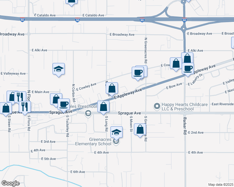 map of restaurants, bars, coffee shops, grocery stores, and more near 17927 East Appleway Avenue in Spokane Valley