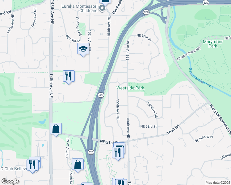 map of restaurants, bars, coffee shops, grocery stores, and more near 5703 155th Avenue Northeast in Redmond