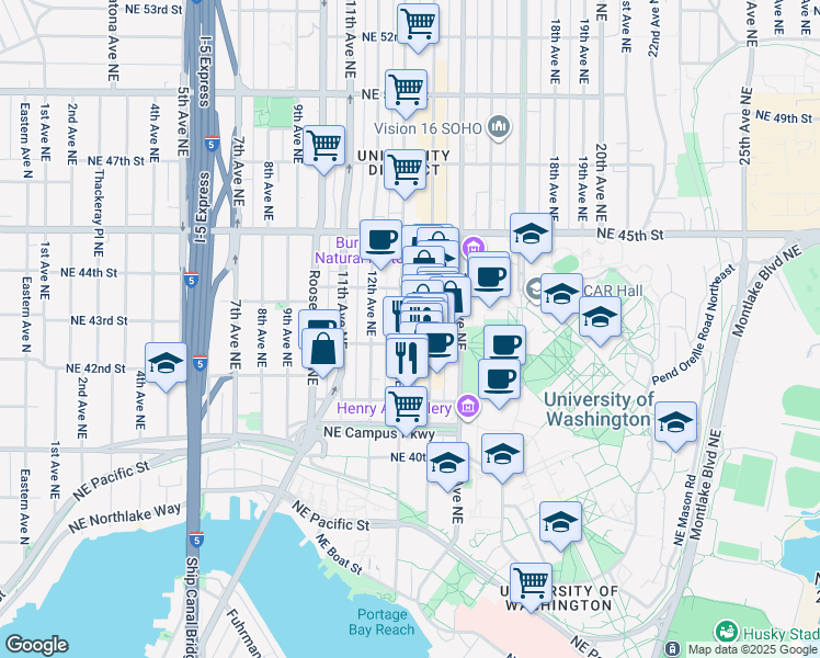 map of restaurants, bars, coffee shops, grocery stores, and more near in Seattle