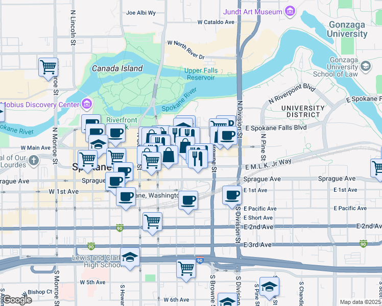 map of restaurants, bars, coffee shops, grocery stores, and more near 245 West Main Avenue in Spokane