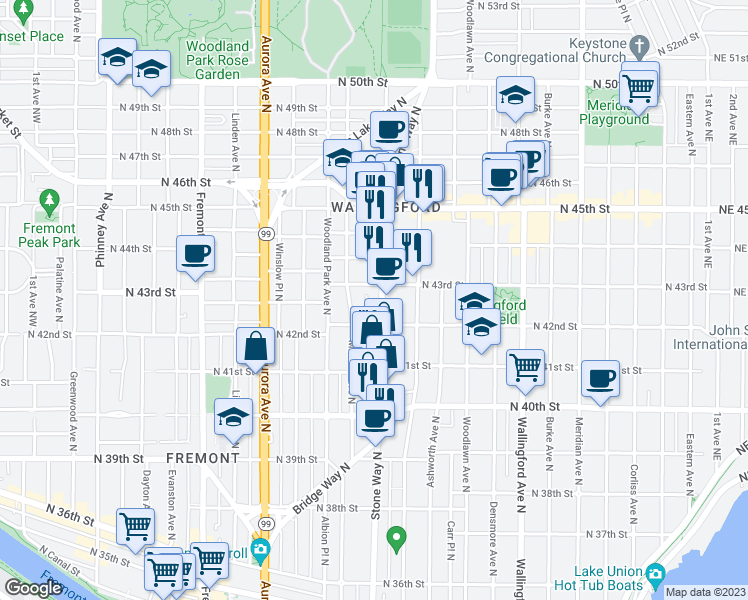 map of restaurants, bars, coffee shops, grocery stores, and more near 4213 Stone Way North in Seattle