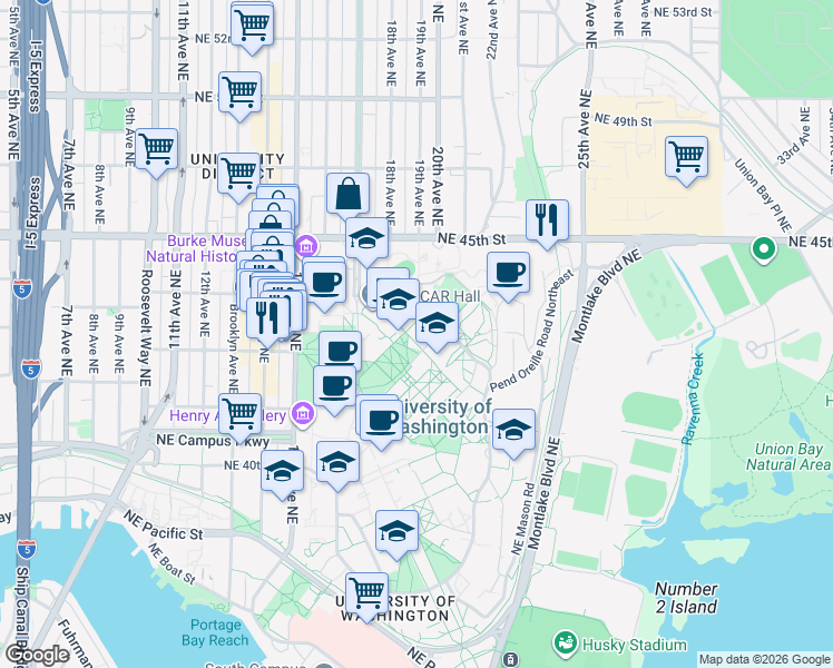 map of restaurants, bars, coffee shops, grocery stores, and more near 4215 East Stevens Way Northeast in Seattle