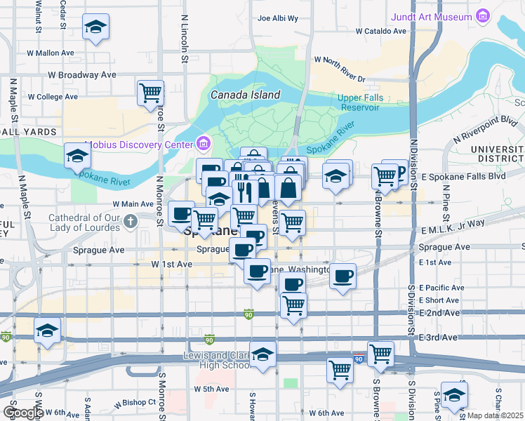 map of restaurants, bars, coffee shops, grocery stores, and more near 508 W Main Ave in Spokane