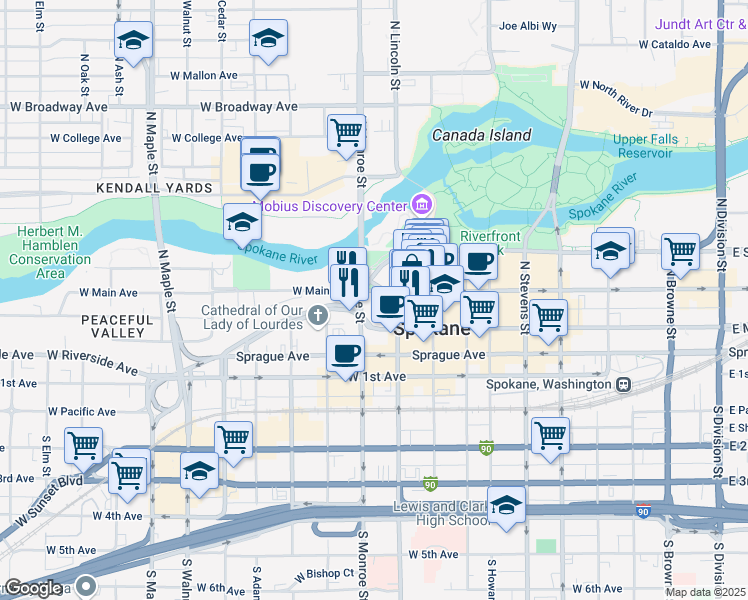 map of restaurants, bars, coffee shops, grocery stores, and more near in Spokane
