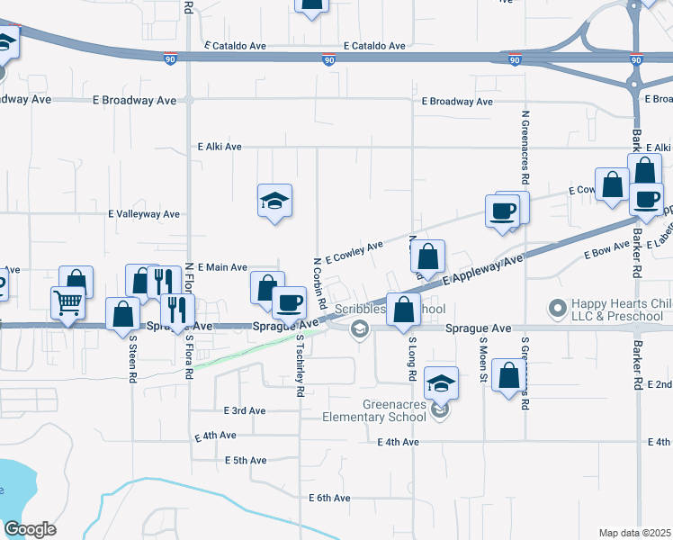 map of restaurants, bars, coffee shops, grocery stores, and more near 17612 East Cowley Avenue in Spokane Valley