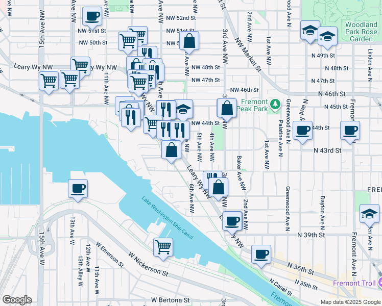 map of restaurants, bars, coffee shops, grocery stores, and more near 515 Northwest 43rd Street in Seattle