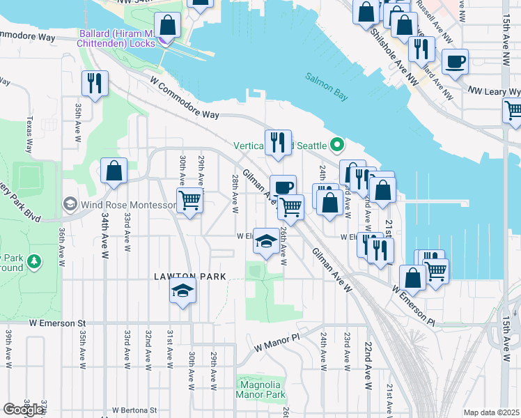 map of restaurants, bars, coffee shops, grocery stores, and more near 4239 27th Avenue West in Seattle
