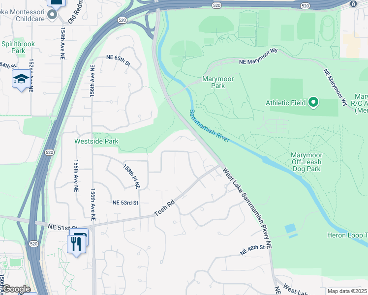 map of restaurants, bars, coffee shops, grocery stores, and more near 16216 Northeast 58th Court in Redmond