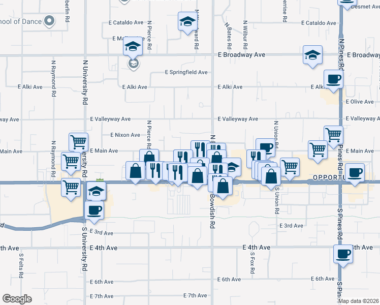 map of restaurants, bars, coffee shops, grocery stores, and more near 202 North Skipworth Road in Spokane Valley