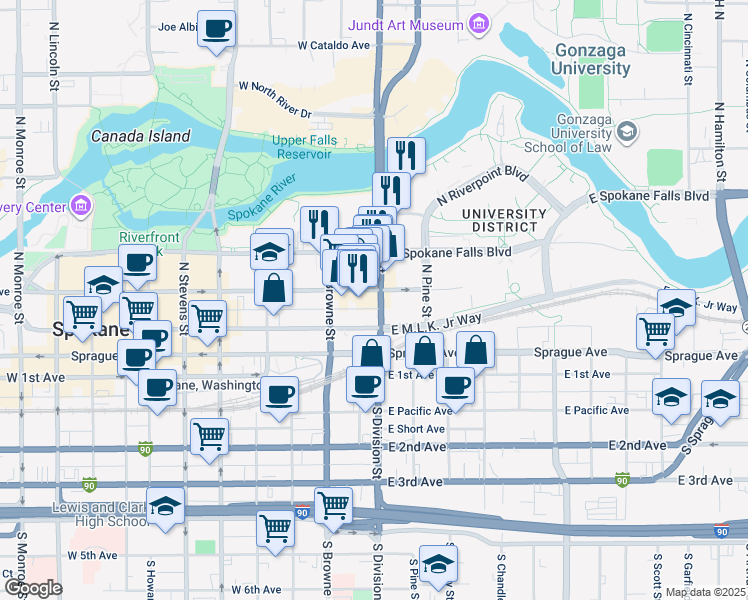 map of restaurants, bars, coffee shops, grocery stores, and more near 212 North Division Street in Spokane