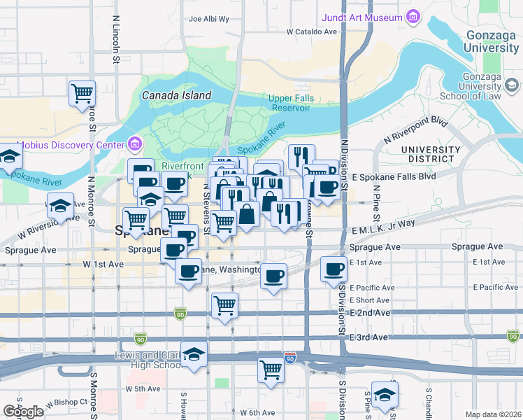 map of restaurants, bars, coffee shops, grocery stores, and more near 200 North Bernard Street in Spokane