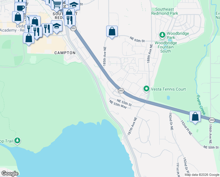 map of restaurants, bars, coffee shops, grocery stores, and more near 18544 Northeast 57th Street in Redmond