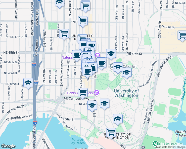 map of restaurants, bars, coffee shops, grocery stores, and more near 4244 University Way Northeast in Seattle