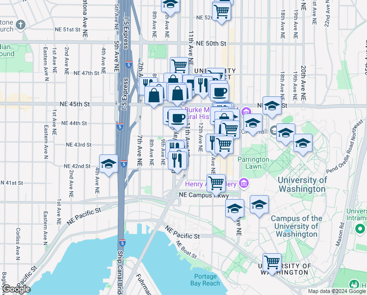 map of restaurants, bars, coffee shops, grocery stores, and more near in Seattle