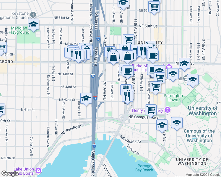 map of restaurants, bars, coffee shops, grocery stores, and more near 706 Northeast 43rd Street in Seattle