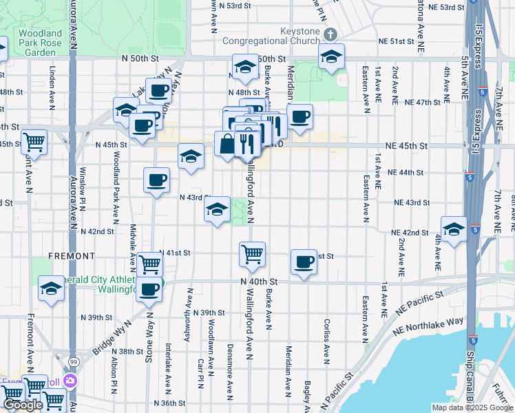 map of restaurants, bars, coffee shops, grocery stores, and more near 4311 Burke Avenue North in Seattle
