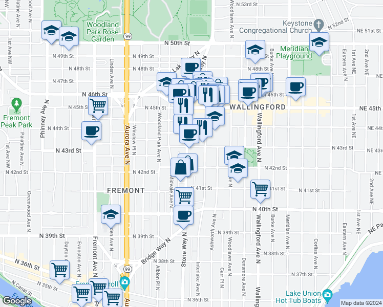 map of restaurants, bars, coffee shops, grocery stores, and more near 1312 North 43rd Street in Seattle