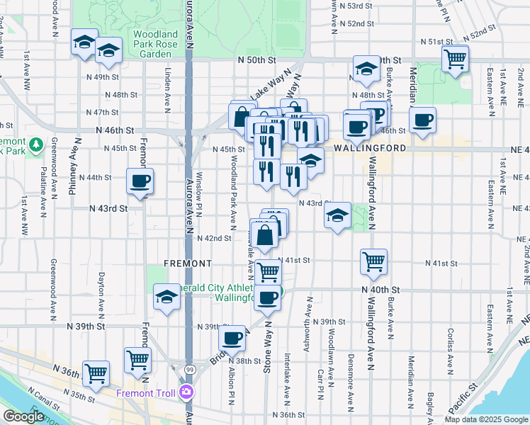 map of restaurants, bars, coffee shops, grocery stores, and more near 1220 North 44th Street in Seattle