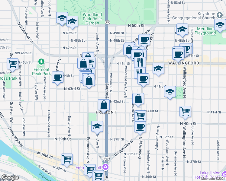 map of restaurants, bars, coffee shops, grocery stores, and more near 959 North 43rd Street in Seattle