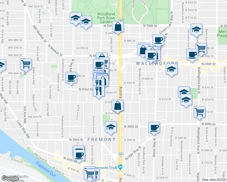 map of restaurants, bars, coffee shops, grocery stores, and more near in Seattle