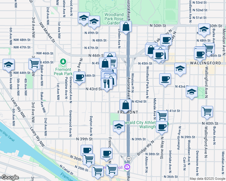 map of restaurants, bars, coffee shops, grocery stores, and more near in Seattle