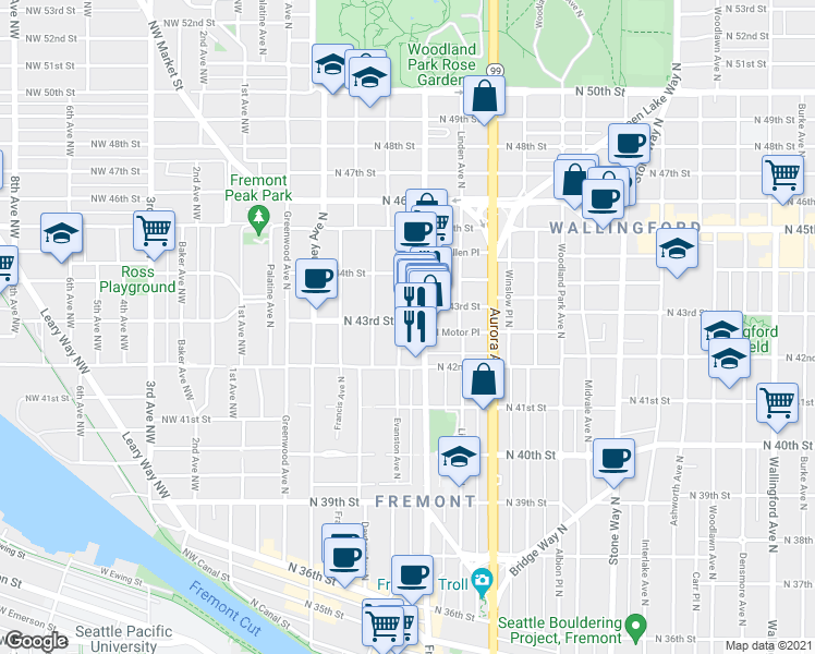 map of restaurants, bars, coffee shops, grocery stores, and more near in Seattle