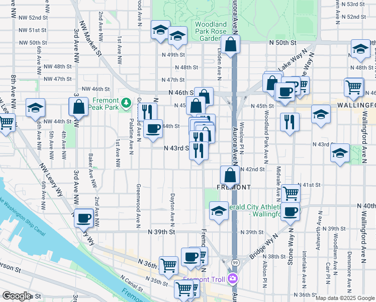 map of restaurants, bars, coffee shops, grocery stores, and more near 4318 Dayton Avenue North in Seattle