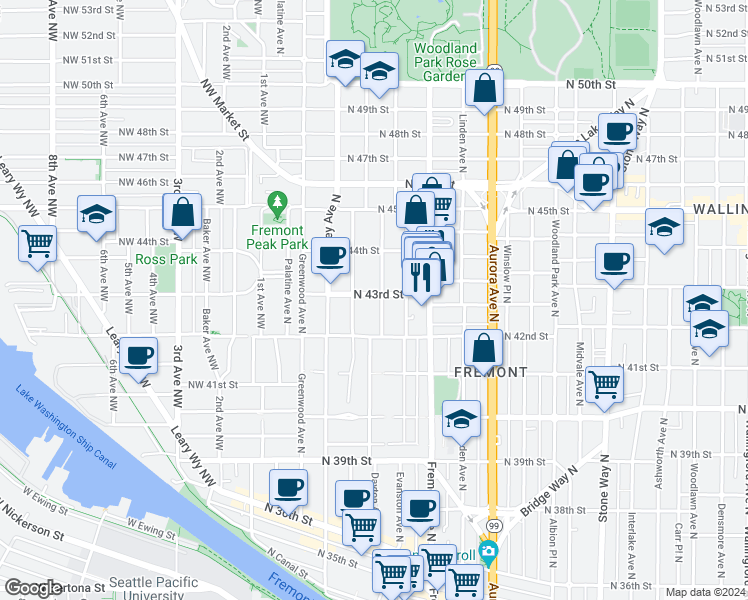 map of restaurants, bars, coffee shops, grocery stores, and more near 4318 Dayton Avenue North in Seattle